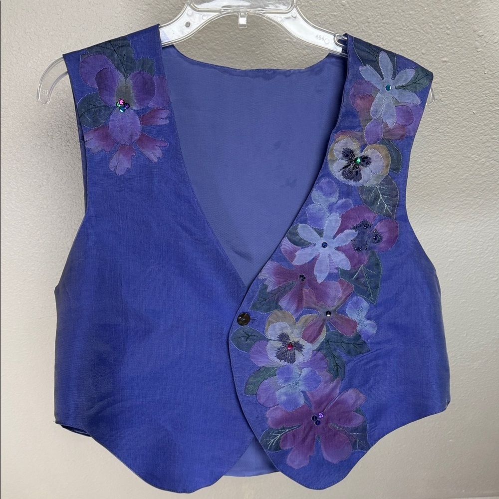VEST WITH FLORAL APPLIQUÉ. Handmade, Blue & Purple. See dimensions for sizing
